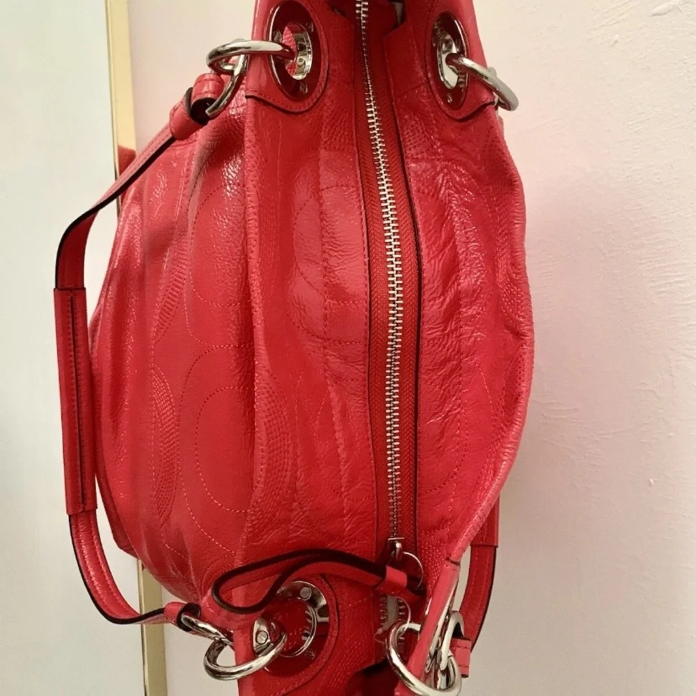 COACH Bag NEW (never used) 2012 Coral Orange Tote Silver Hardware Logo hangtags - Picture 6 of 13